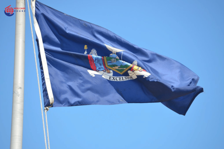 Expert business registration services in New York by Web Care House, featuring a state map and professional guidance.